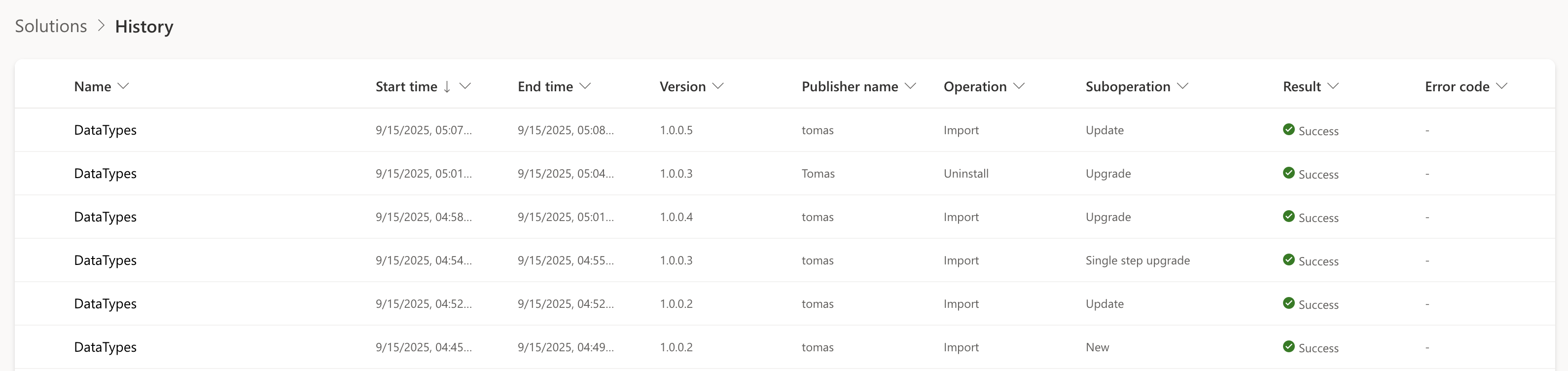 Solution import history page